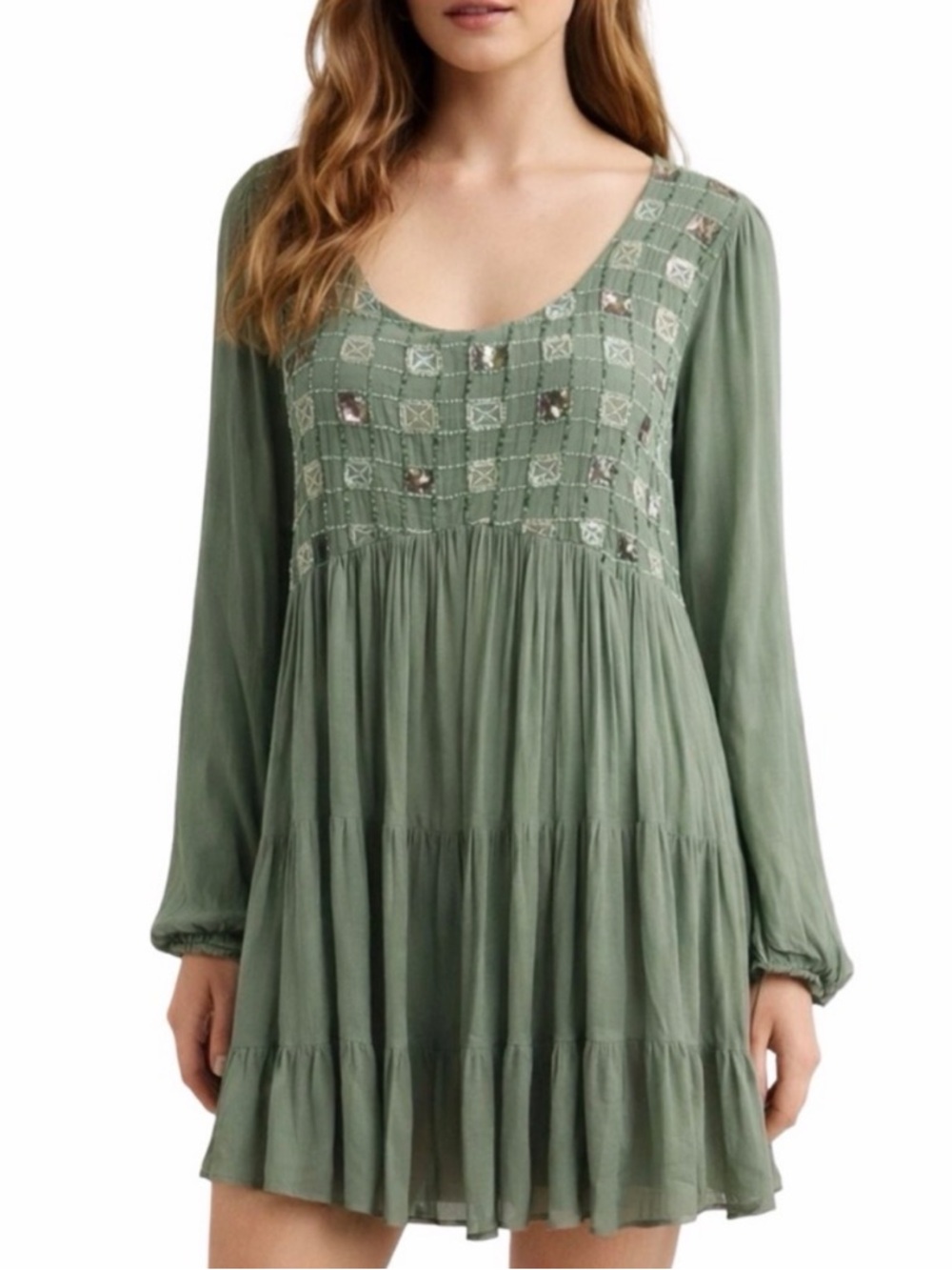 RAGA x Anthropologie Beaded Olive Shift Mini Dress - Size Medium